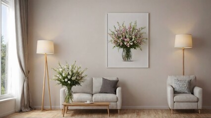 A modern living room with matching furniture theme set and decorative items 3d illustration. An empty wall and art frame mock-up template on the wall.