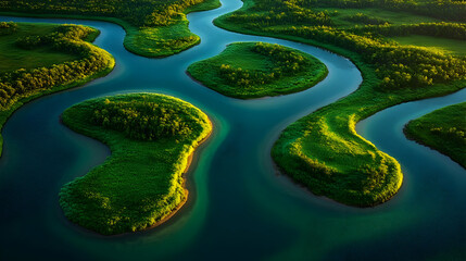 Aerial view of a winding river flowing through lush green islands.