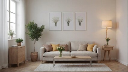 A modern living room with matching furniture theme set and decorative items 3d illustration. An empty wall and art frame mock-up template on the wall.