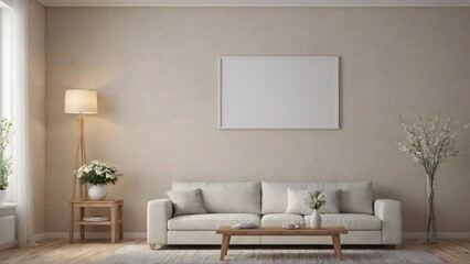 A modern living room with matching furniture theme set and decorative items 3d illustration. An empty wall and art frame mock-up template on the wall.