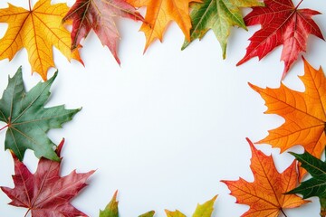 Fototapeta premium Autumn Maple Leaves Flat Lay White Background created with Generative AI