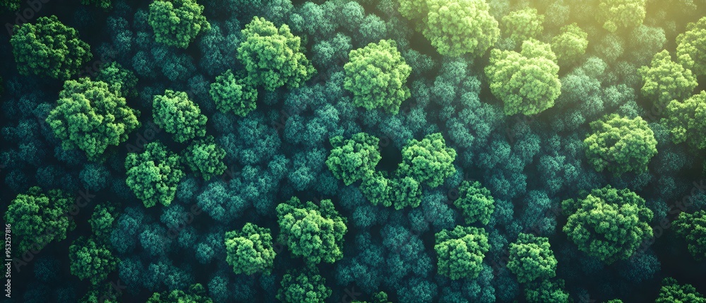 Poster aerial perspective of a vibrant green forest canopy, with sunlight filtering through the trees, capt