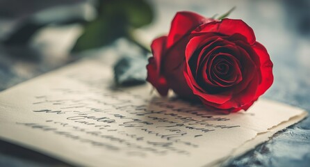 A red rose resting on an old handwritten letter surrounded by soft natural lighting