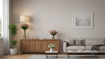 A modern living room with matching furniture theme set and decorative items 3d illustration. An empty wall and art frame mock-up template on the wall.