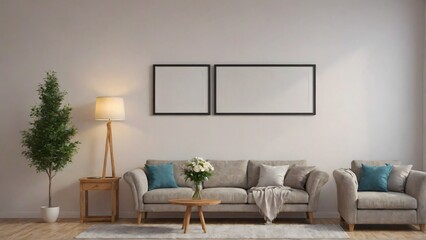 A modern living room with matching furniture theme set and decorative items 3d illustration. An empty wall and art frame mock-up template on the wall.