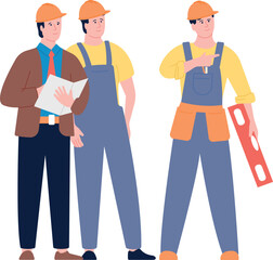 Building contractor characters. Color construction engineers talking