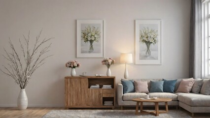A modern living room with matching furniture theme set and decorative items 3d illustration. An empty wall and art frame mock-up template on the wall.