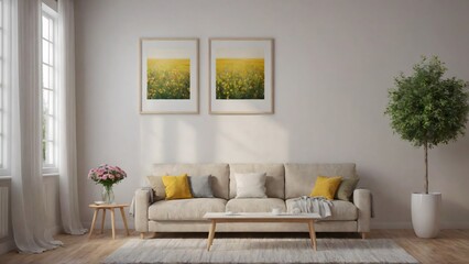 A modern living room with matching furniture theme set and decorative items 3d illustration. An empty wall and art frame mock-up template on the wall.