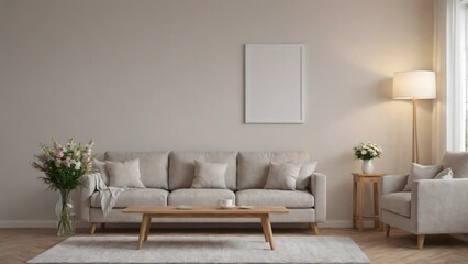 A modern living room with matching furniture theme set and decorative items 3d illustration. An empty wall and art frame mock-up template on the wall.