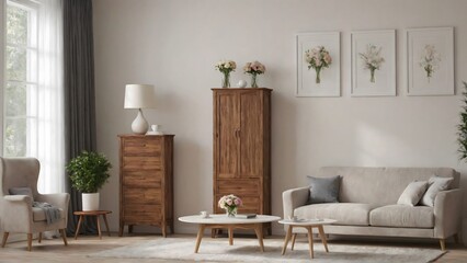 A modern living room with matching furniture theme set and decorative items 3d illustration. An empty wall and art frame mock-up template on the wall.