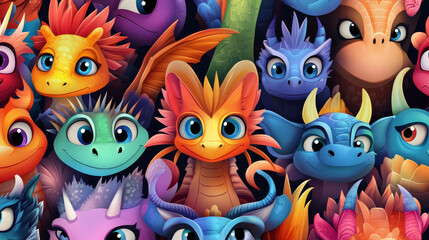 Obraz premium Cute Cartoon Dragons Seamless Pattern