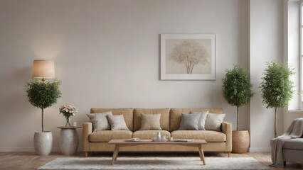 A modern living room with matching furniture theme set and decorative items 3d illustration. An empty wall and art frame mock-up template on the wall.