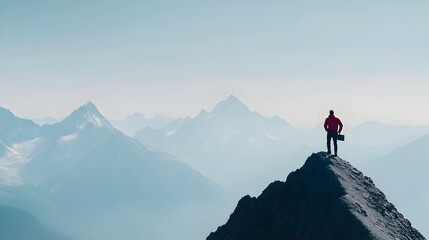 Ambitious Climber Scaling Snowy Mountain Peak with Briefcase
