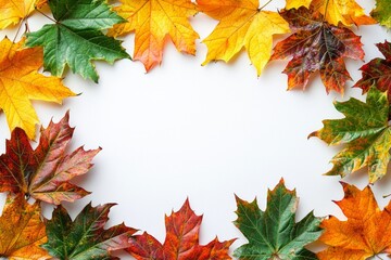 Fototapeta premium Autumn Maple Leaves Flat Lay White Background created with Generative AI
