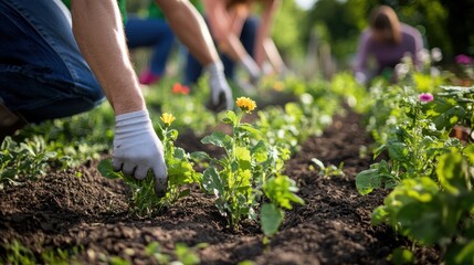 Fototapeta premium A community garden with people planting flowers together, symbolizing peace, growth, and cooperation 