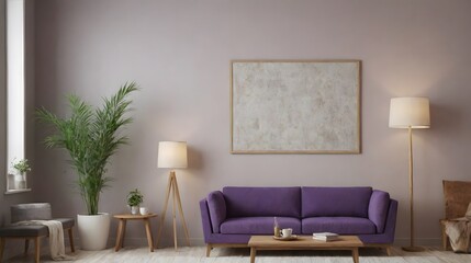 A modern living room with matching furniture theme set and decorative items 3d illustration. An empty wall and art frame mock-up template on the wall.