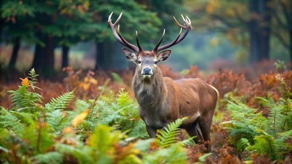 Red Deer Stag Between Ferns in Autumn Forest