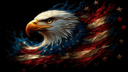 Bald eagle head with painted American flag, stars and stripes.