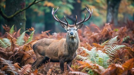 Obraz premium Red Deer Stag Between Ferns in Autumn Forest