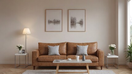 A modern living room with matching furniture theme set and decorative items 3d illustration. An empty wall and art frame mock-up template on the wall.