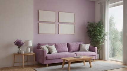 A modern living room with matching furniture theme set and decorative items 3d illustration. An empty wall and art frame mock-up template on the wall.