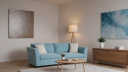 Fototapeta premium A modern living room with matching furniture theme set and decorative items 3d illustration. An empty wall and art frame mock-up template on the wall.