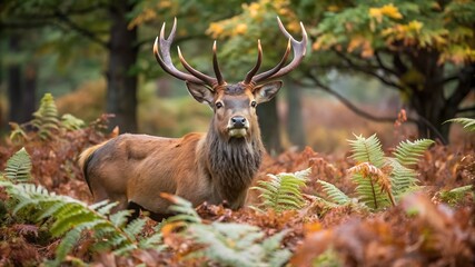Obraz premium Red Deer Stag Between Ferns in Autumn Forest