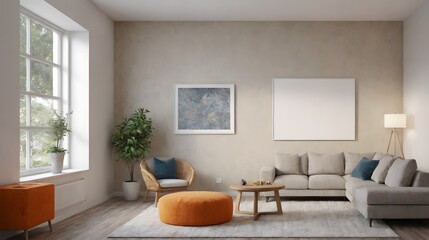 Fototapeta premium High resolution interior design image of a room with white sofa, table, wall art frame mock up 