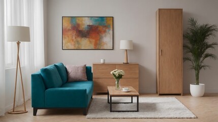 Fototapeta premium High resolution interior design image of a room with green sofa, table, wall art frame mock up 