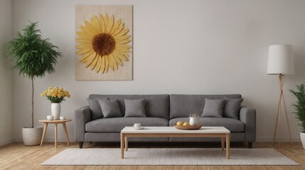 High resolution interior design image of a room with grey sofa, table, wall art frame mock up 