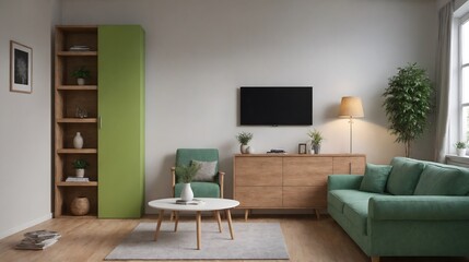 Fototapeta premium High resolution interior design image of a room with green sofa, armchair, table and wall art frame mock up. 