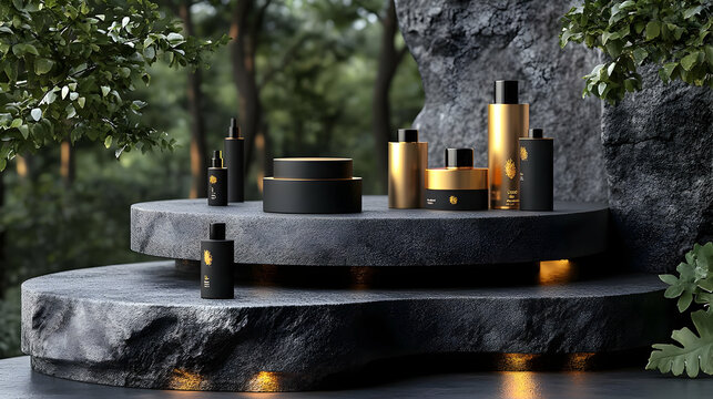 Black and gold luxury bottles on a stone pedestal with greenery.