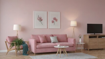A modern living room with matching furniture theme set and decorative items 3d illustration. An empty wall and art frame mock-up template on the wall.