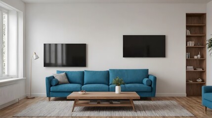 Fototapeta premium A modern living room with matching furniture theme set and decorative items 3d illustration. An empty wall and art frame mock-up template on the wall.
