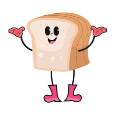 Vector illustration of a cartoon character shaped like a slice of bread with a smiling face. This bread has a brownish white color, skinny arms and legs with pink gloves and pink boots.