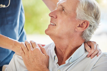 Senior care, nurse and face of old man holding hands with respect, trust and kindness at nursing...