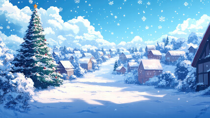 a snowy landscape with a christmas tree and houses. anime background, high definition photo