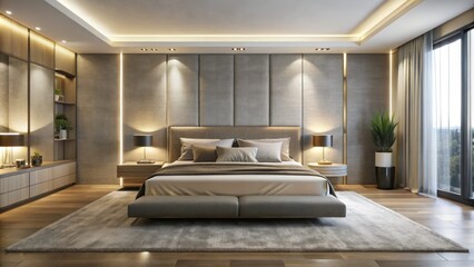 Luxurious minimalist sanctuary featuring sleek low-profile bed, metallic accents, soft ambient lighting, and monochromatic color scheme exuding calmness and sophistication.