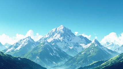 a mountain range with a snowy peak and a clear blue sky. anime background, detailed high resolution photo