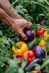 A person picking fresh vegetables from a garden bed, suitable for food or agriculture themes