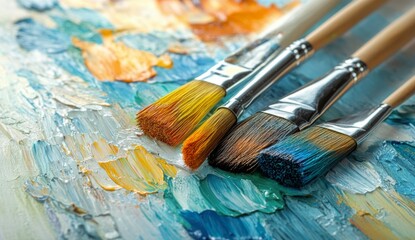 Obraz premium A close-up of paintbrushes resting on a vibrant palette of mixed acrylic colors