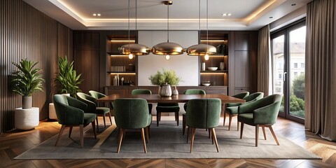 Fototapeta premium luxurious minimalist space sleek walnut table rich velvet chairs pendant lamp dimmed warm atmosphere intimate gathering soft focus elegant simplicity