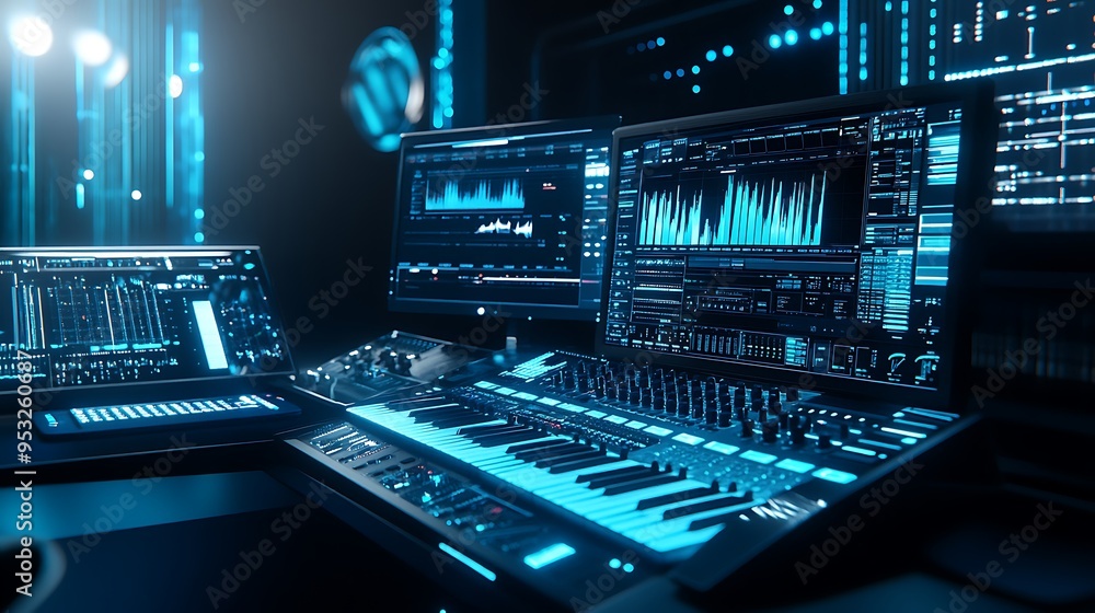 Aufkleber digital music studio with futuristic instruments and ai-powered production tools