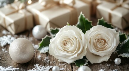 Elegant holiday arrangement with roses, decorations, and a gift on a wooden surface
