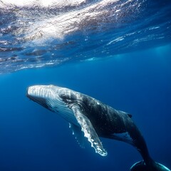 Naklejka premium a whale swimming in the blue sea