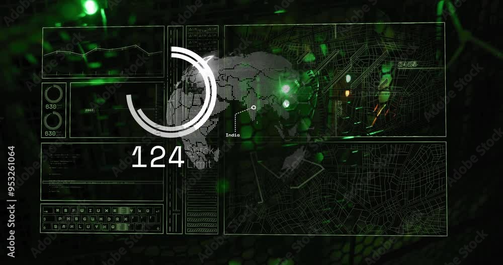 Poster digital world map and data analysis animation over green glowing network