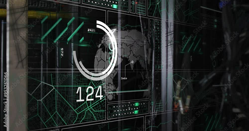 Poster digital data processing animation over futuristic interface with world map and graphs