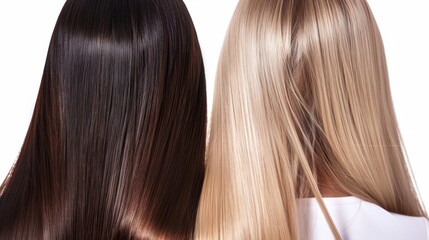 Fototapeta premium Two women with long hair, one with dark hair and the other with blonde hair