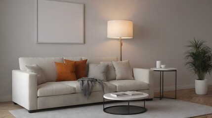 A modern living room with matching furniture theme set and decorative items 3d illustration. An empty wall and art frame mock-up template on the wall.