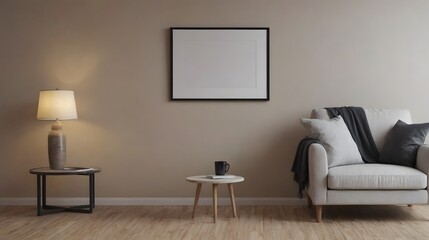 A modern living room with matching furniture theme set and decorative items 3d illustration. An empty wall and art frame mock-up template on the wall.